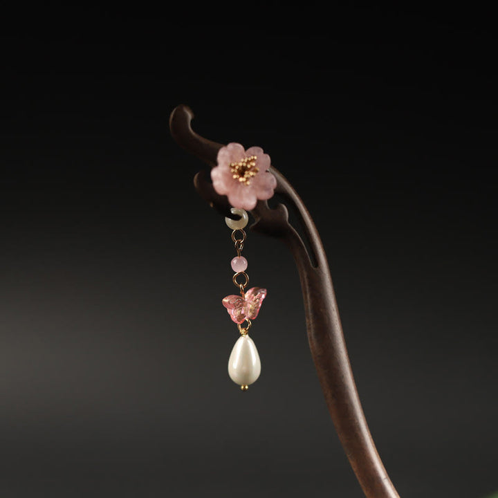 Buddha Stones黒檀 花 蝶 祝福 ヘアピン
