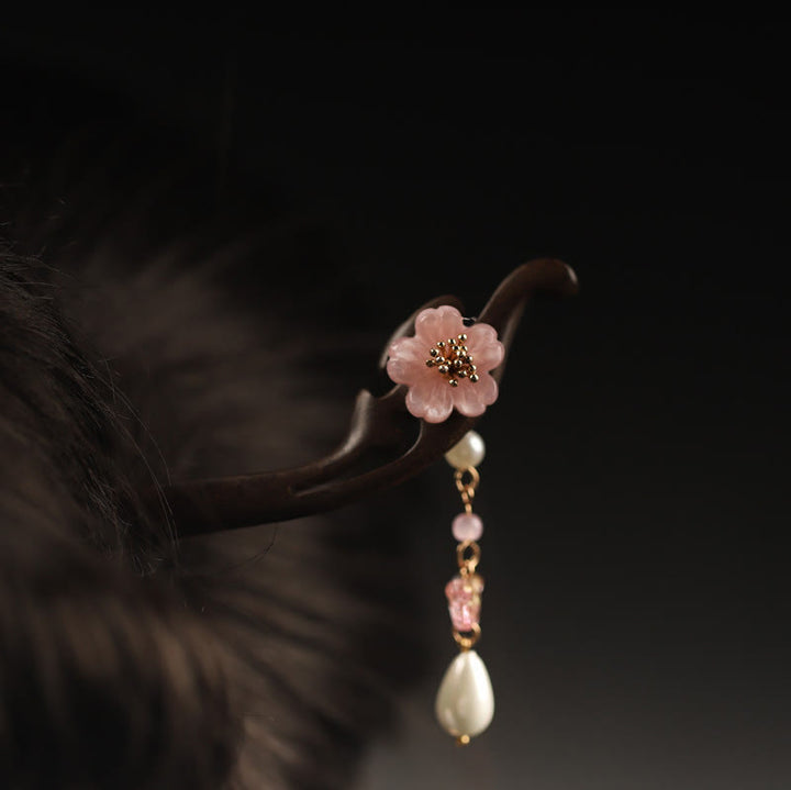 Buddha Stones黒檀 花 蝶 祝福 ヘアピン