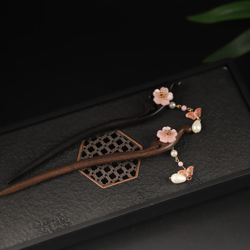 Buddha Stones黒檀 花 蝶 祝福 ヘアピン