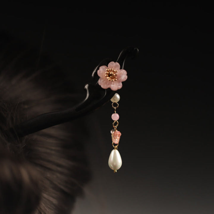 Buddha Stones黒檀 花 蝶 祝福 ヘアピン