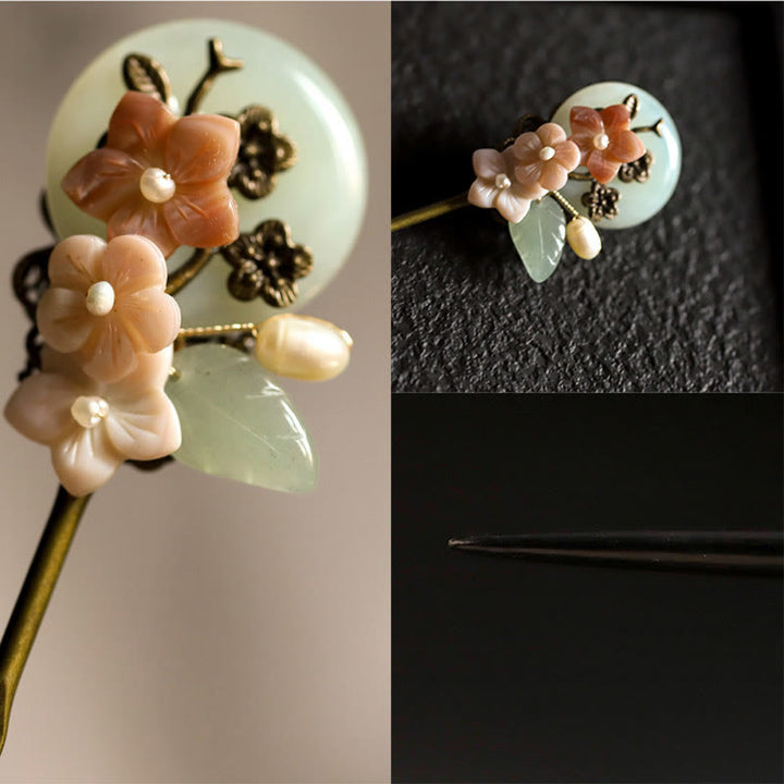Buddha Stones銅 翡翠 貝殻 花 葉 幸運 簪
