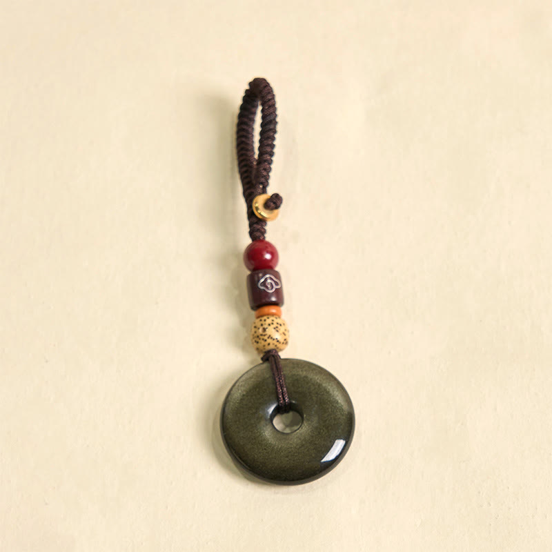 Buddha Stones天然ゴールド光沢黒曜石平和バックル強化キーチェーン