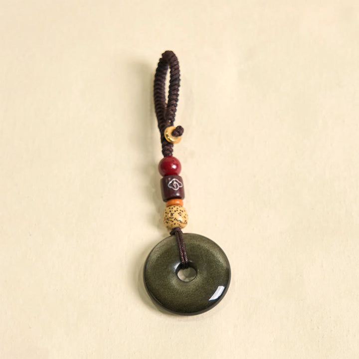 Buddha Stones天然ゴールド光沢黒曜石平和バックル強化キーチェーン