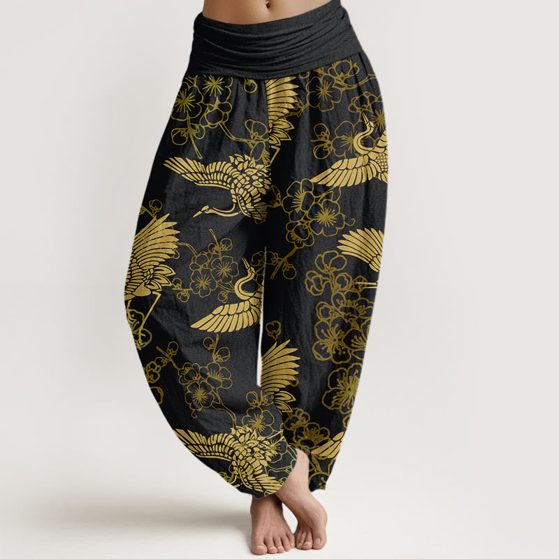 Buddha Stonesと鶴の花柄レディース伸縮性ウエストハーレムパンツ - 黒 - US22、 UK/AU26、 EU54 (6XL) - image 1