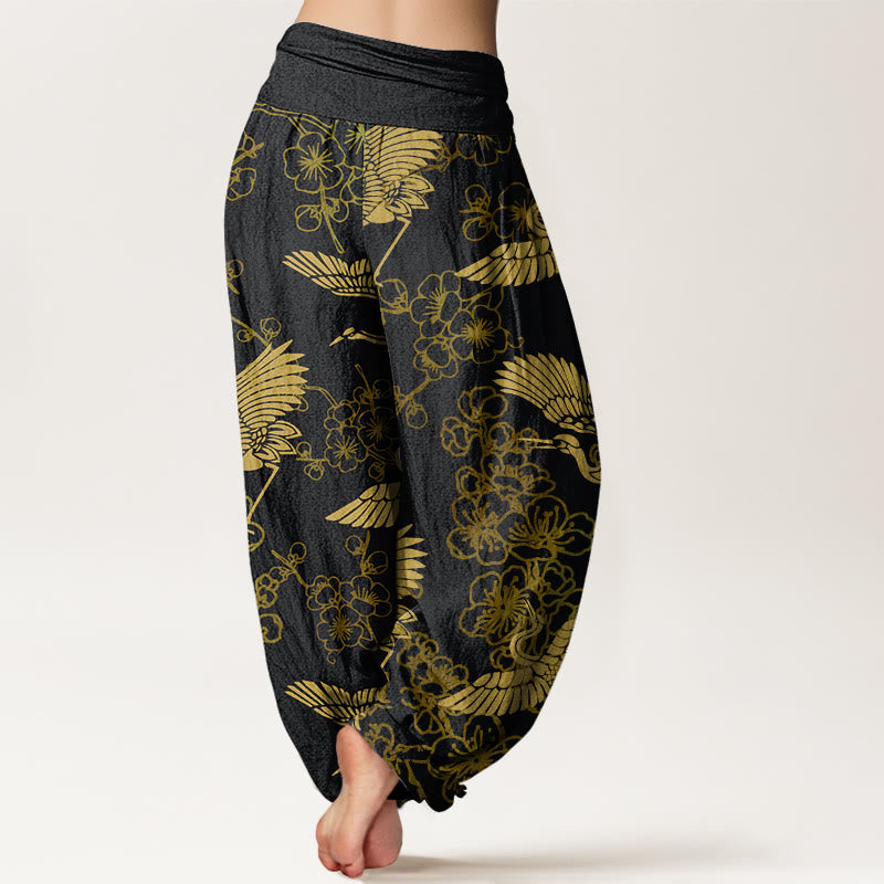 Buddha Stonesと鶴の花柄レディース伸縮性ウエストハーレムパンツ - image 2