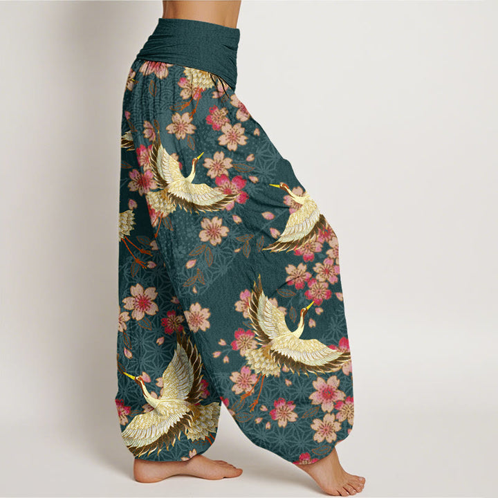 Buddha Stones鶴 桃の花柄 レディース 伸縮性ウエスト ハーレムパンツ - image 3