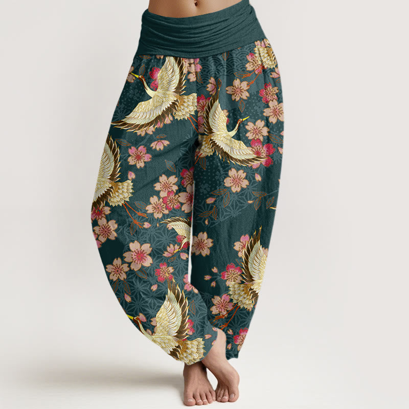 Buddha Stones鶴 桃の花柄 レディース 伸縮性ウエスト ハーレムパンツ - ダークグリーン - US22、 UK/AU26、 EU54 (6XL) - image 1