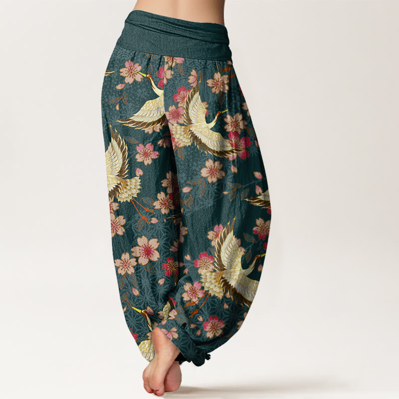 Buddha Stones鶴 桃の花柄 レディース 伸縮性ウエスト ハーレムパンツ - image 2