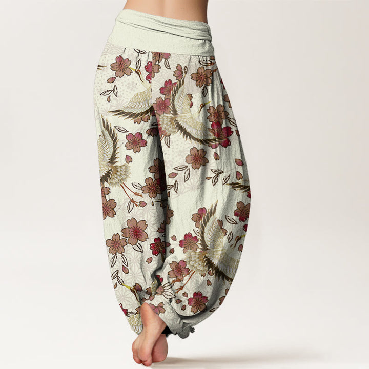 Buddha Stones鶴 桃の花柄 レディース 伸縮性ウエスト ハーレムパンツ - image 6