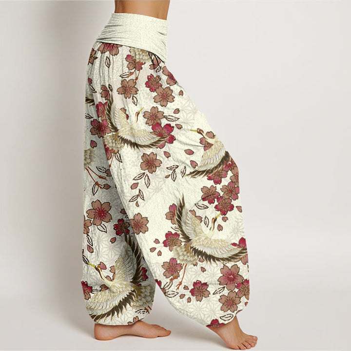 Buddha Stones鶴 桃の花柄 レディース 伸縮性ウエスト ハーレムパンツ - image 7