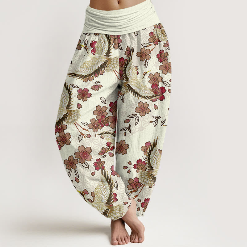 Buddha Stones鶴 桃の花柄 レディース 伸縮性ウエスト ハーレムパンツ - コーンシルク - US22、 UK/AU26、 EU54 (6XL) - image 5