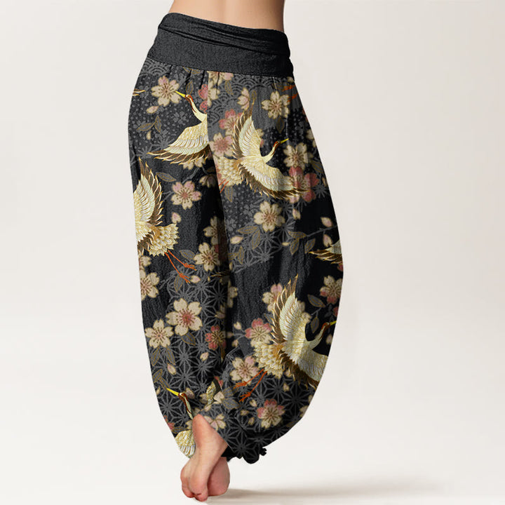 Buddha Stones鶴 桃の花柄 レディース 伸縮性ウエスト ハーレムパンツ - image 9