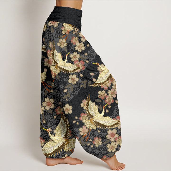 Buddha Stones鶴 桃の花柄 レディース 伸縮性ウエスト ハーレムパンツ - image 10