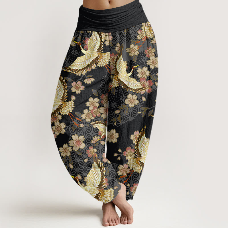Buddha Stones鶴 桃の花柄 レディース 伸縮性ウエスト ハーレムパンツ - 黒 - US22、 UK/AU26、 EU54 (6XL) - image 8