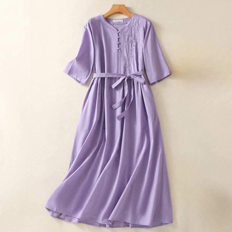 Buddha Stonesサマーオーキッド刺繍レースアップVネック半袖コットンリネンミディドレス（ポケット付き） - 蘭 - US8-10，UK/AU12-14，EU40-42 (2XL) - image 0