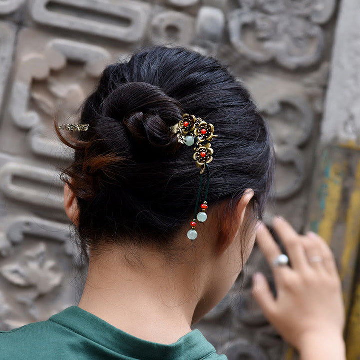 Buddha Stonesグリーンアベンチュリン レッドアゲート 合金花 癒しのヘアピン