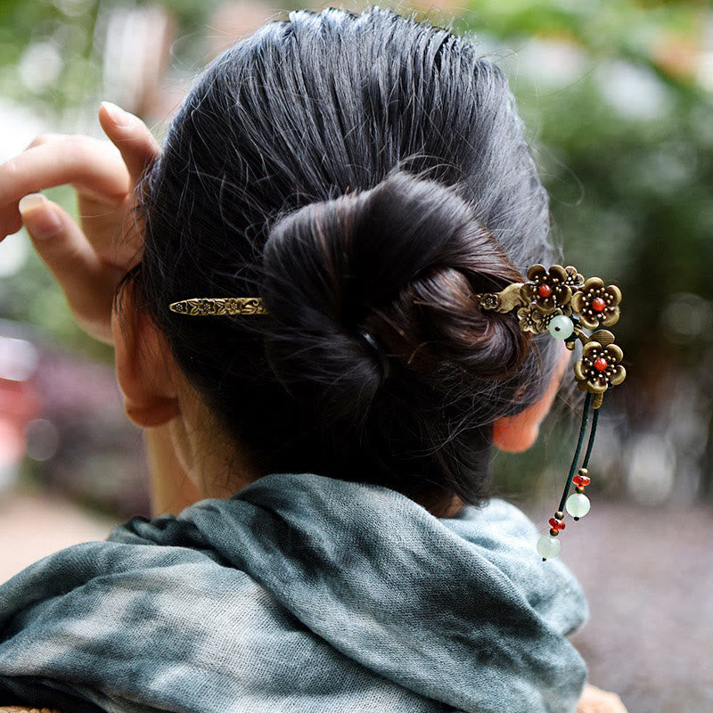 Buddha Stonesグリーンアベンチュリン レッドアゲート 合金花 癒しのヘアピン