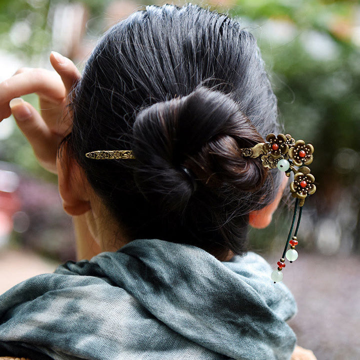 Buddha Stonesグリーンアベンチュリン レッドアゲート 合金花 癒しのヘアピン