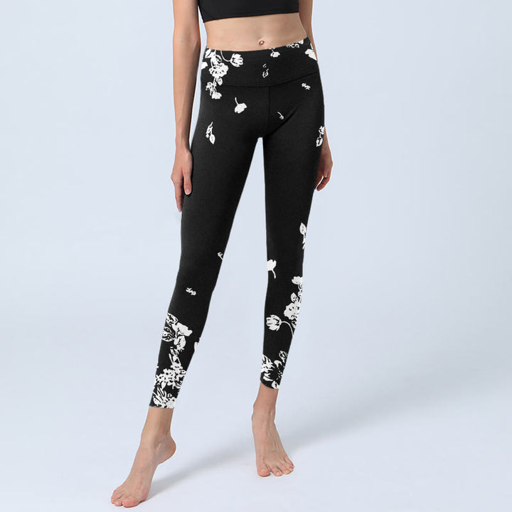 Buddha Stonesブラック スキャッタードペタルプリント ジムレギンス レディース ヨガパンツ - image 6