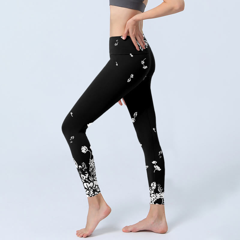 Buddha Stonesブラック スキャッタードペタルプリント ジムレギンス レディース ヨガパンツ - image 3