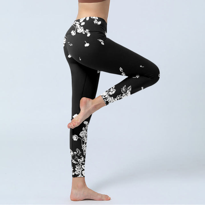 Buddha Stonesブラック スキャッタードペタルプリント ジムレギンス レディース ヨガパンツ - image 5