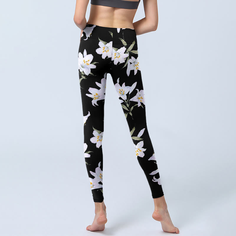 Buddha Stonesブラック ユリ 花 葉柄 プリント ジムレギンス レディース ヨガパンツ - image 7