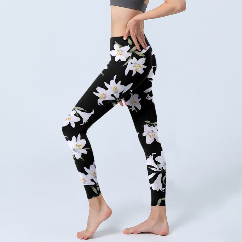 Buddha Stonesブラック ユリ 花 葉柄 プリント ジムレギンス レディース ヨガパンツ - image 3