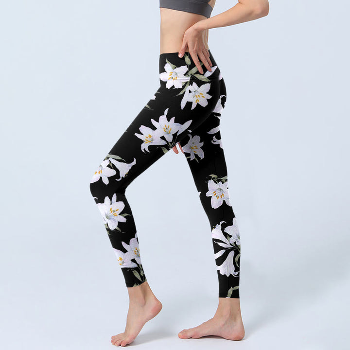 Buddha Stonesブラック ユリ 花 葉柄 プリント ジムレギンス レディース ヨガパンツ - image 3