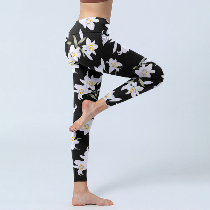 Buddha Stonesブラック ユリ 花 葉柄 プリント ジムレギンス レディース ヨガパンツ - image 4
