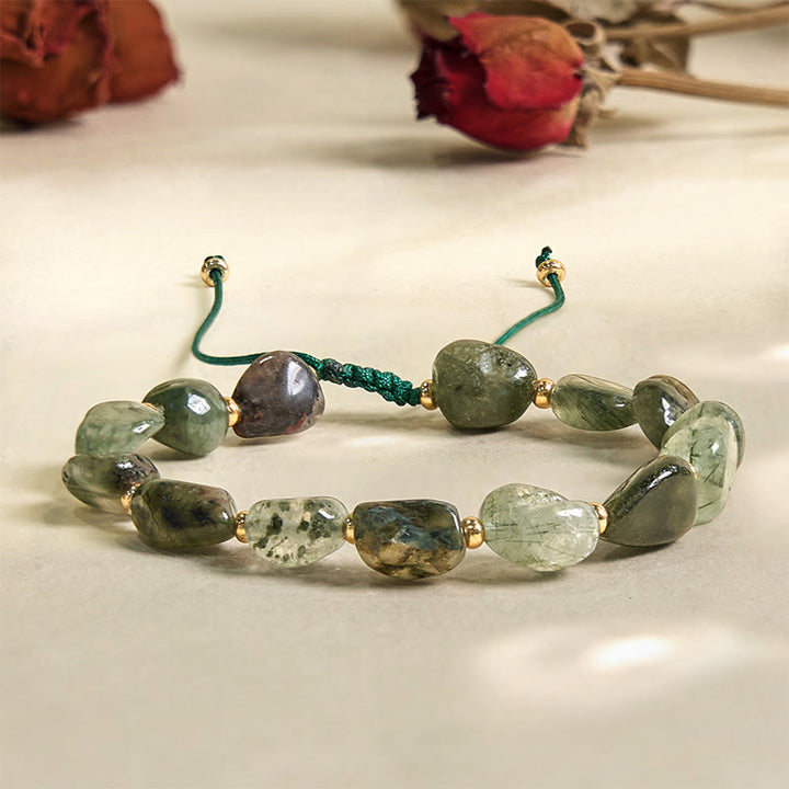 Buddha Stonesグリーンルチルクォーツ 編み紐 守護ブレスレット