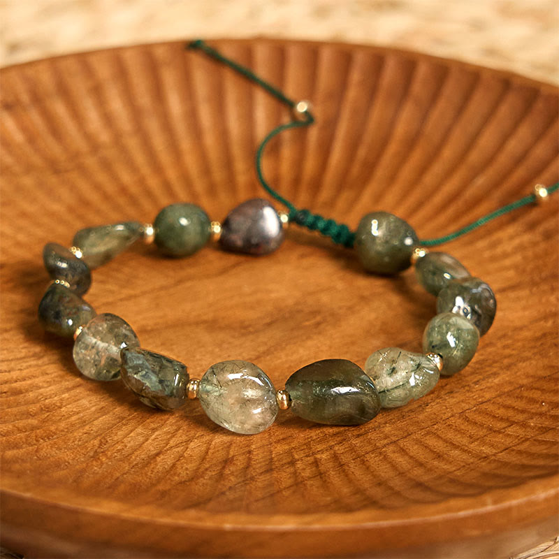 Buddha Stonesグリーンルチルクォーツ 編み紐 守護ブレスレット