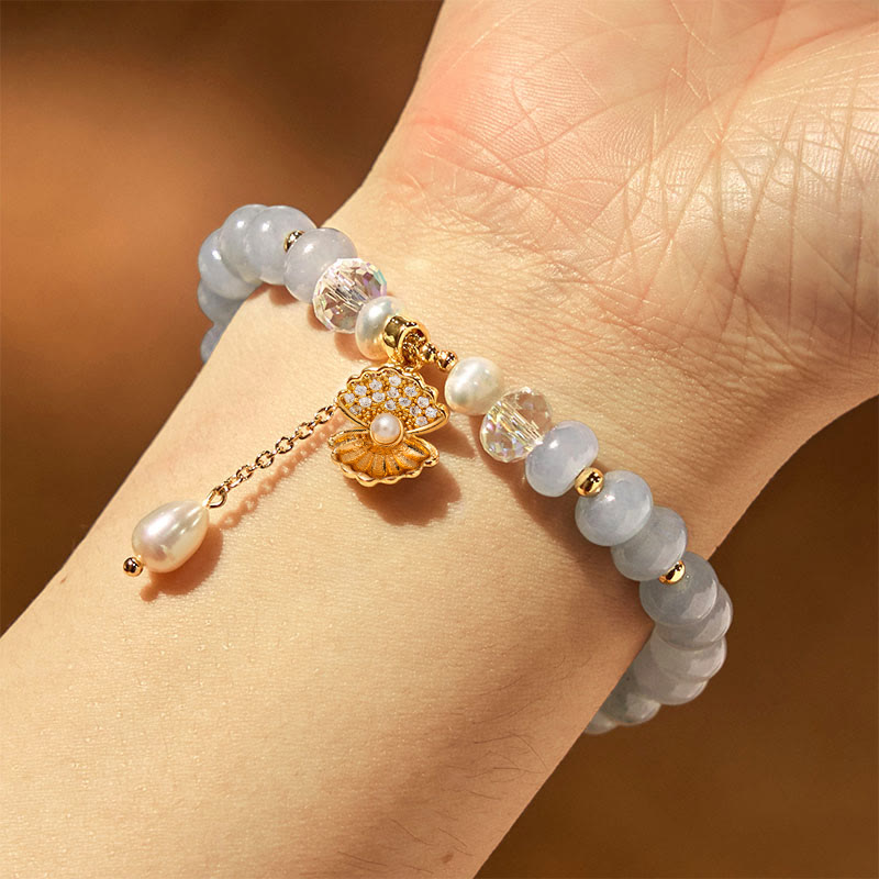 Buddha Stones天然アクアマリンパールシェルヒーリングビーズブレスレット