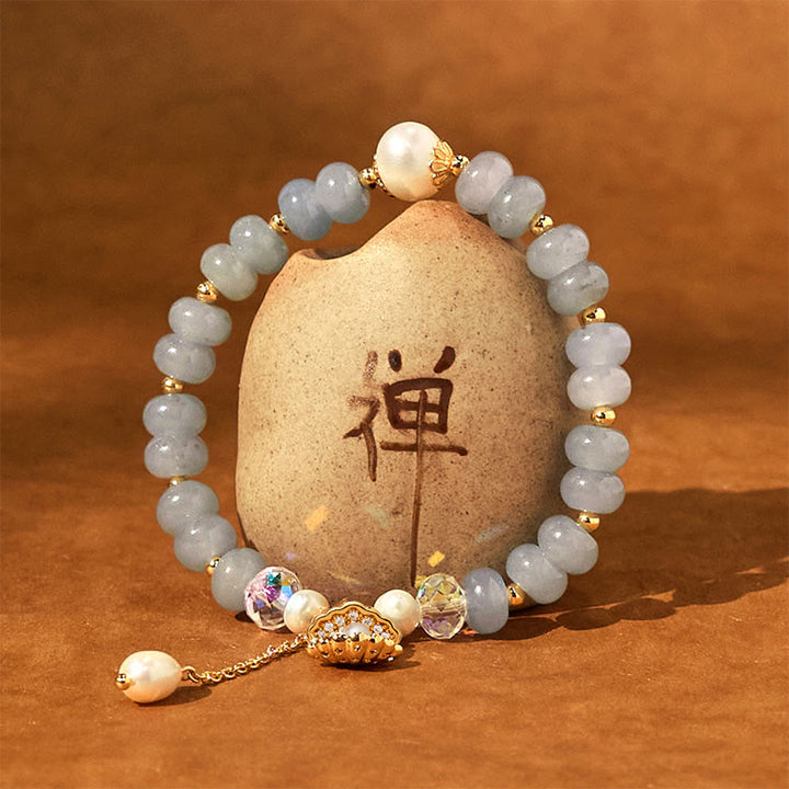 Buddha Stones天然アクアマリンパールシェルヒーリングビーズブレスレット
