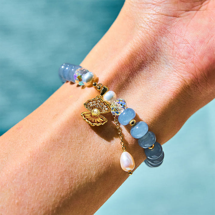 Buddha Stones天然アクアマリンパールシェルヒーリングビーズブレスレット