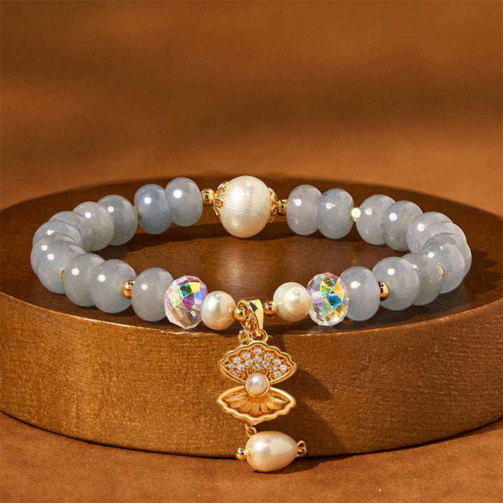 Buddha Stones天然アクアマリンパールシェルヒーリングビーズブレスレット
