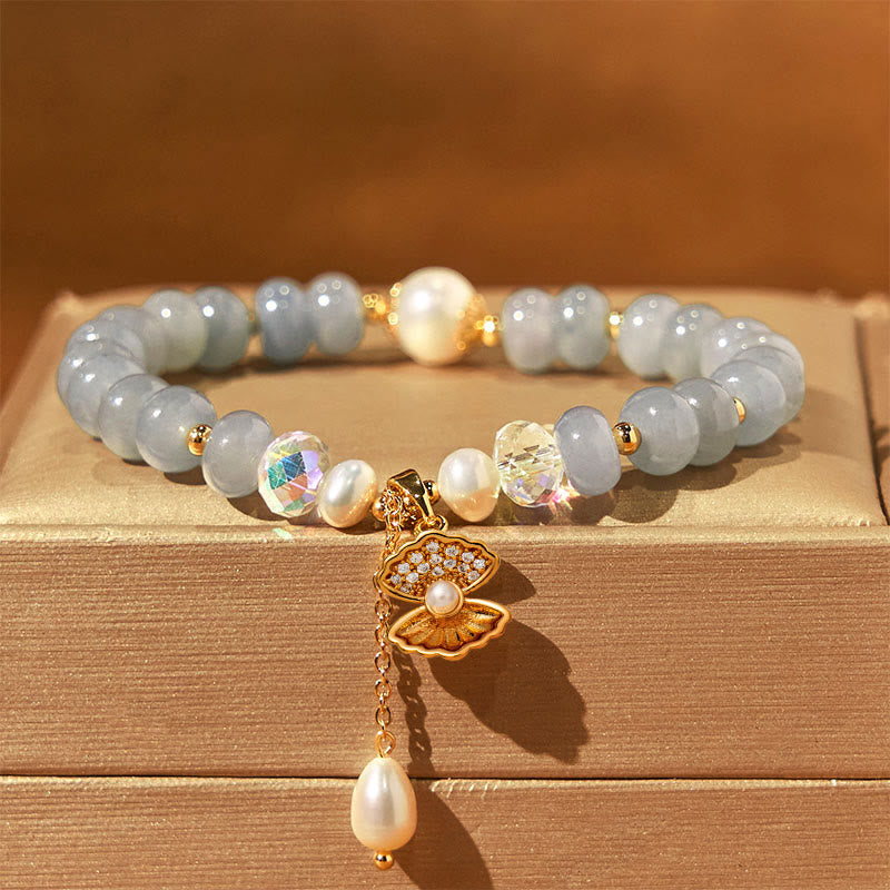 Buddha Stones天然アクアマリンパールシェルヒーリングビーズブレスレット