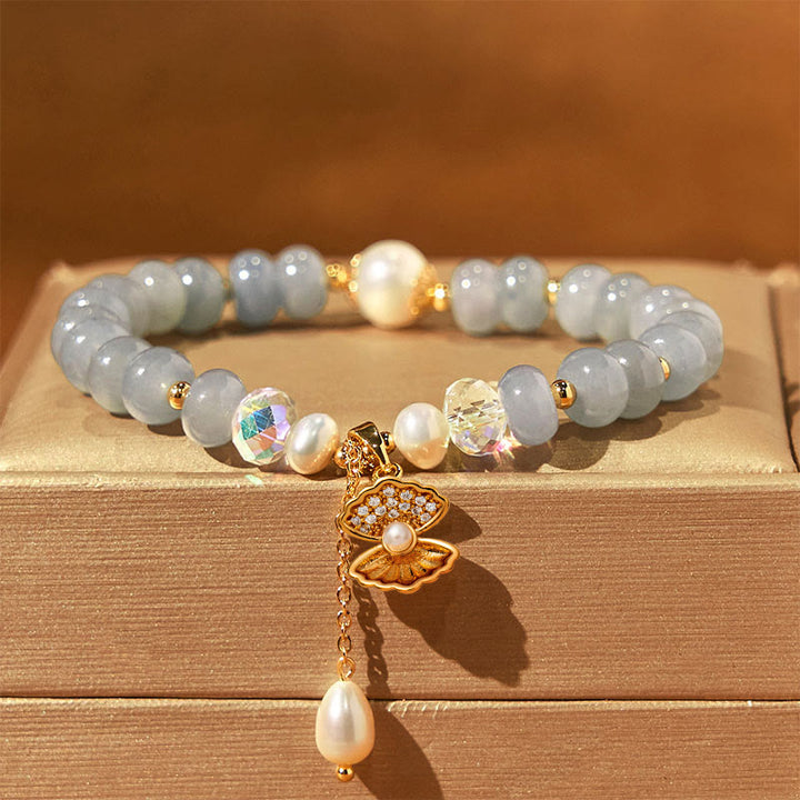 Buddha Stones天然アクアマリンパールシェルヒーリングビーズブレスレット