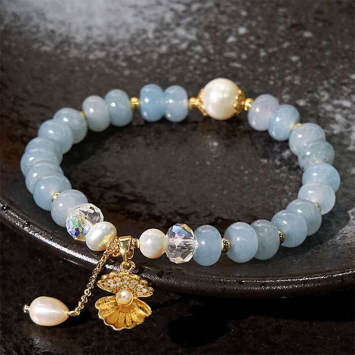 Buddha Stones天然アクアマリンパールシェルヒーリングビーズブレスレット
