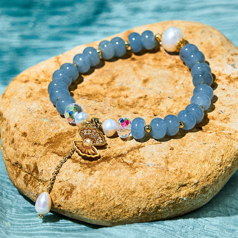Buddha Stones天然アクアマリンパールシェルヒーリングビーズブレスレット