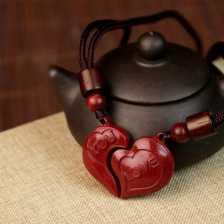 Buddha Stones2個 LOVE YOU 天然辰砂 ラブハート ストリング 祝福 カップルネックレス ペンダント
