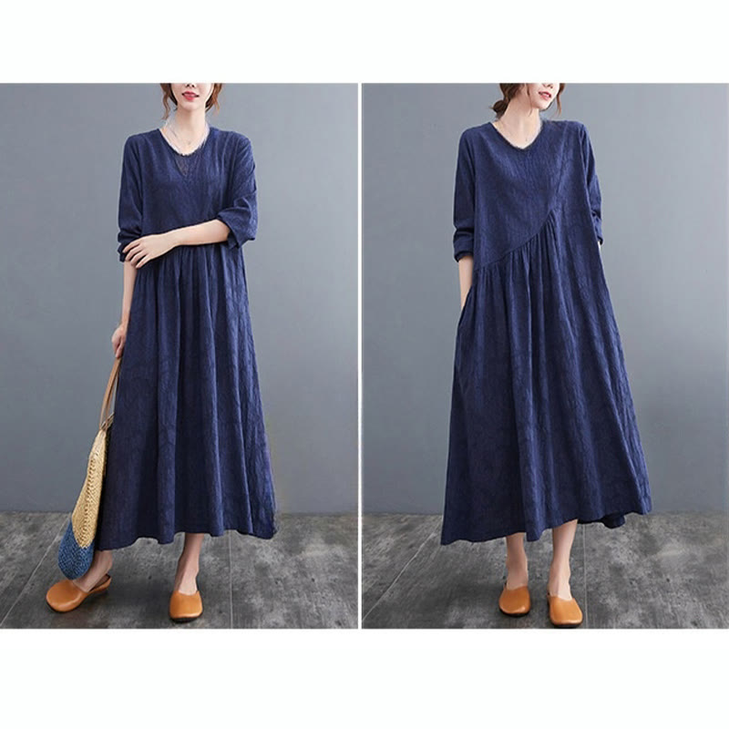 Buddha Stonesシンプル ジャカード柄 長袖 コットンリネン レディース ミディドレス ポケット付き - image 27