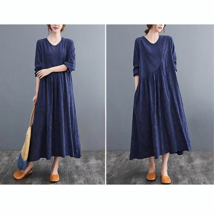 Buddha Stonesシンプル ジャカード柄 長袖 コットンリネン レディース ミディドレス ポケット付き - image 27