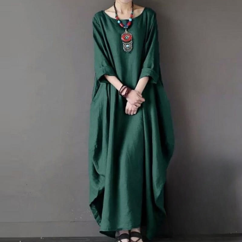 Buddha Stones無地 七分袖 コットン レディース マキシワンピース - ダークグリーン - US16、 UK/AU20、 EU48 (5XL) - image 9