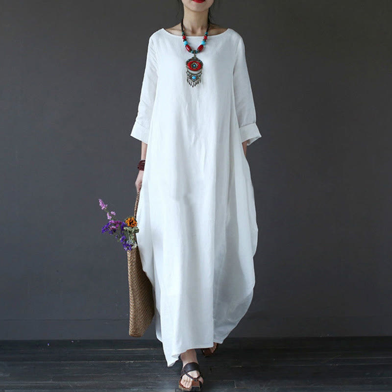 Buddha Stones無地 七分袖 コットン レディース マキシワンピース - 白 - US16、 UK/AU20、 EU48 (5XL) - image 0