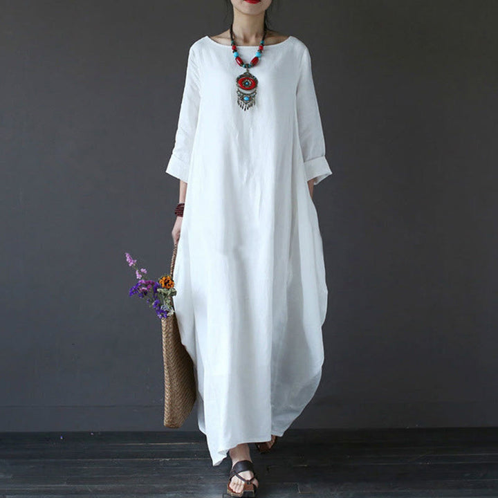 Buddha Stones無地 七分袖 コットン レディース マキシワンピース - 白 - US16、 UK/AU20、 EU48 (5XL) - image 0