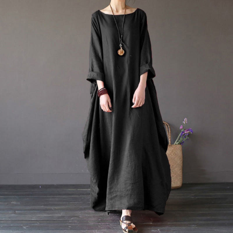 Buddha Stones無地 七分袖 コットン レディース マキシワンピース - 黒 - US16、 UK/AU20、 EU48 (5XL) - image 12