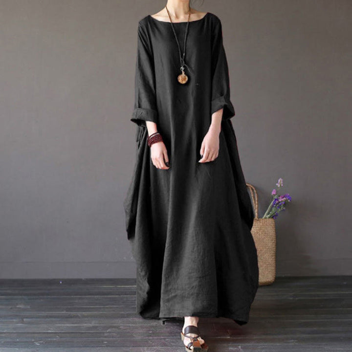 Buddha Stones無地 七分袖 コットン レディース マキシワンピース - 黒 - US16、 UK/AU20、 EU48 (5XL) - image 12
