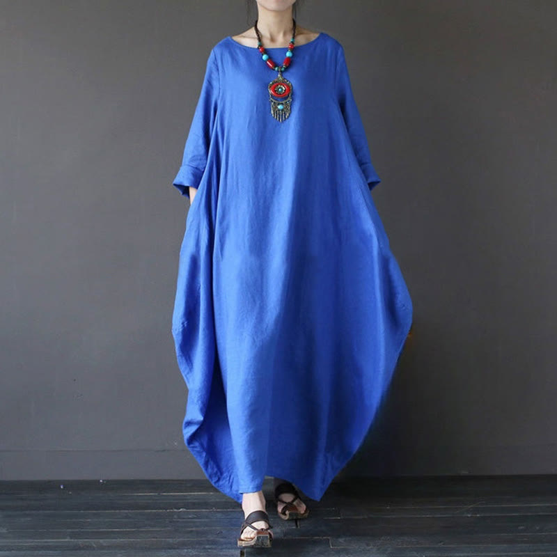 Buddha Stones無地 七分袖 コットン レディース マキシワンピース - 青 - US16、 UK/AU20、 EU48 (5XL) - image 9