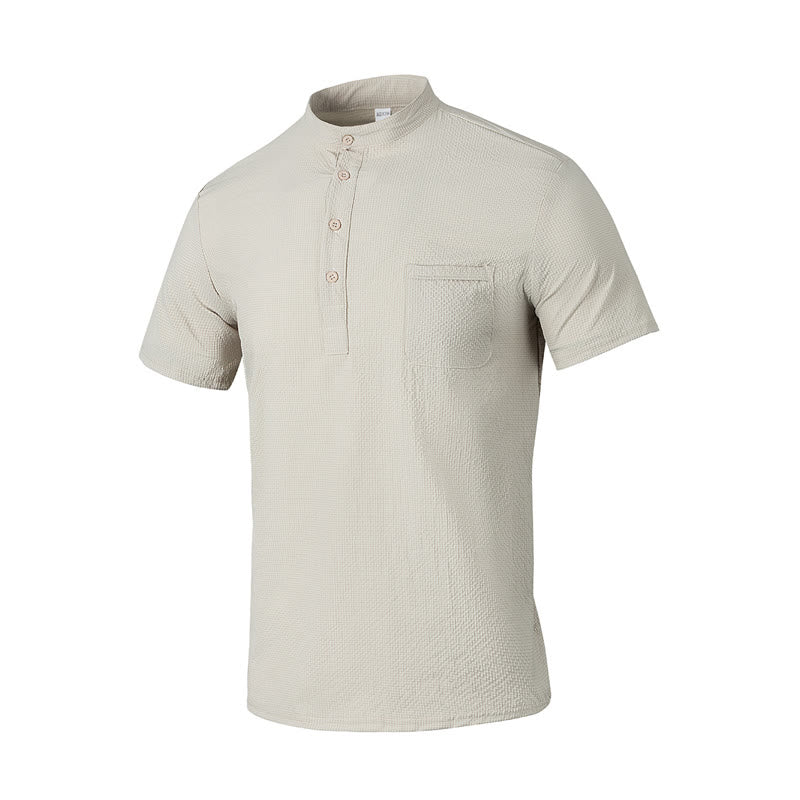 Buddha Stones無地ポロ チェック柄 ハーフボタン メンズ 半袖シャツ - ベージュ - US/UK/AU46、 EU56 (3XL) - image 26