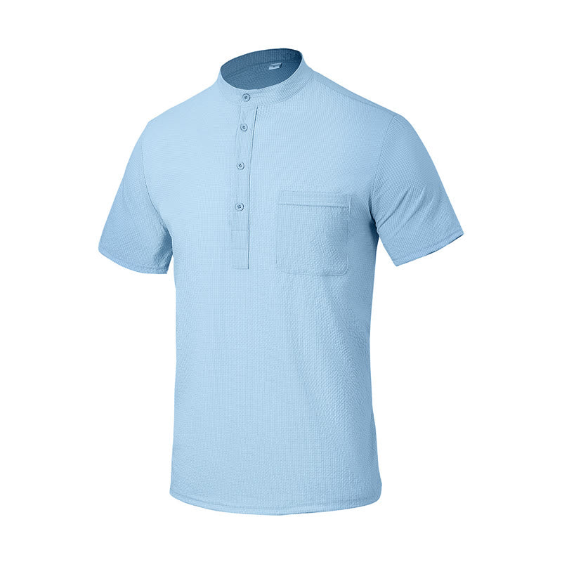 Buddha Stones無地ポロ チェック柄 ハーフボタン メンズ 半袖シャツ - image 1